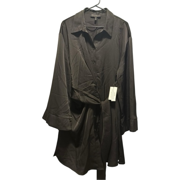 NWT ELOQUII Black Satin Collared Mini Wrap Shirt Dress Size 18 - Picture 2 of 6